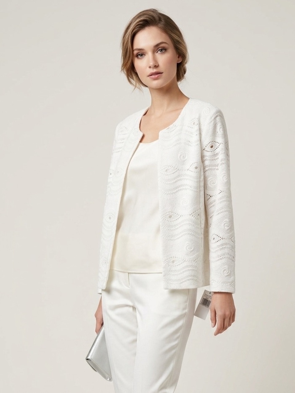 Tahari ASL White Lace Open-Front Blazer